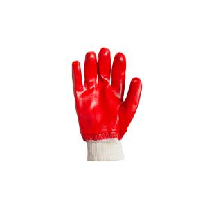 Перчатки трикотажные, хлопок, манжет вязаный, ПВХ, полный облив, гладкие, красные - 1